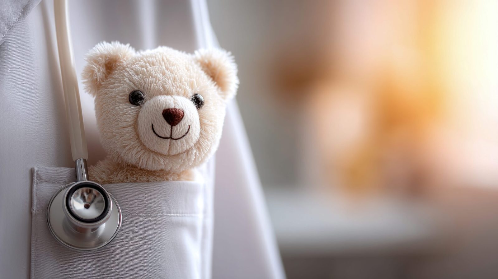 Teddy bear tucked into a pediatrician’s coat pocket